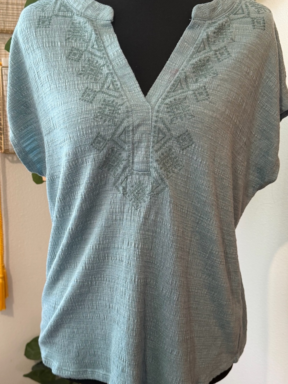 Orvis Dusty Sage Embroidered Split V-Neck Tunic